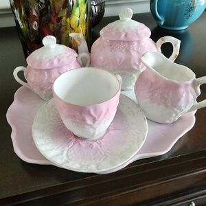 Antique Porcelain Seashell Coral Reef Teapot Creamer Sugar Teacup Set Pink White